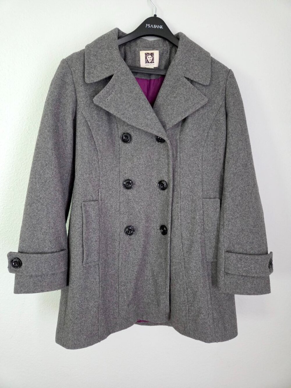 Anne Klein Women’s L Gray Wool Blend Double Breasted Peacoat Winter Coat